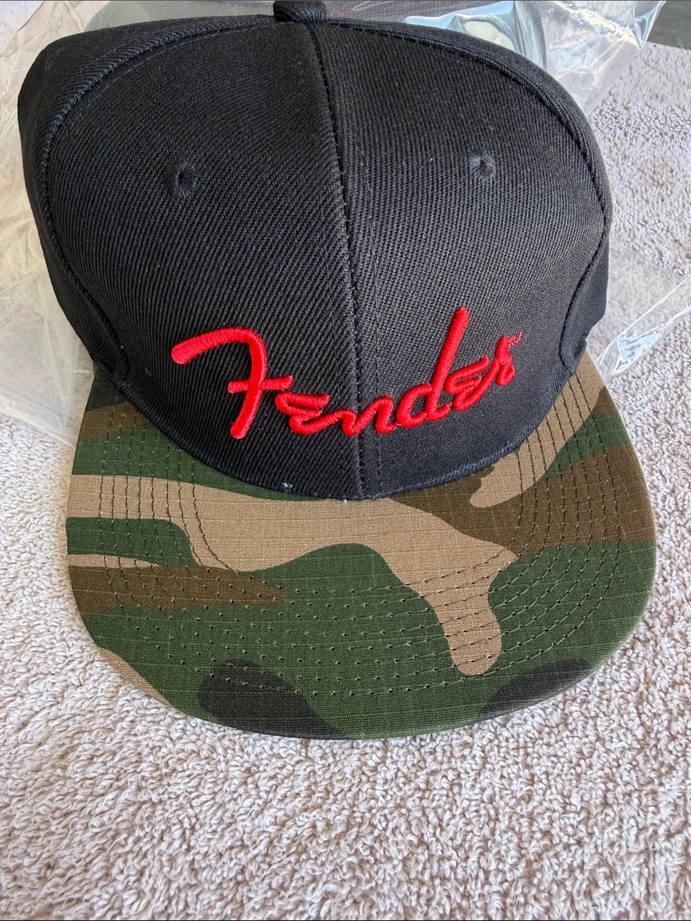 Fender Black Snapback Hat with Camouflage Brim and Red Logo